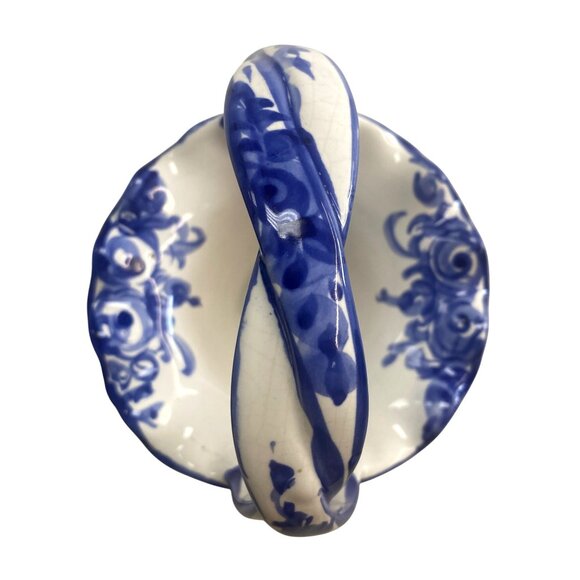Hand-Painted Blue & White Ceramic Basket Vase With Floral Design Made In Portuga - Picture 5 of 9